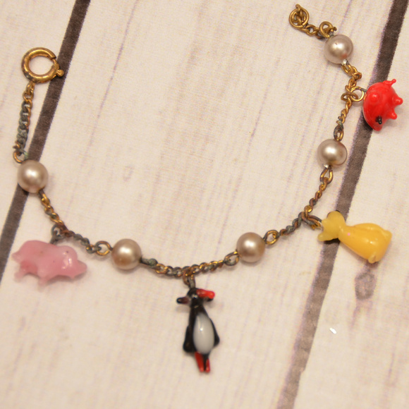 Antique Other - SOLD antique art glass animal bracelet penguin pig